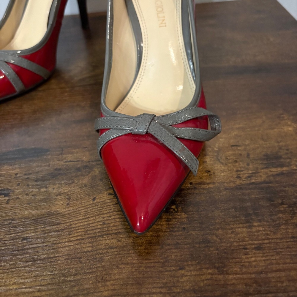 Enzo Angioloini Red Patent Leather Pointed Stiletto 3-inch Heel Gray‎ Bow (5.5) - Picture 2 of 12